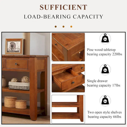 Modern Solid Pine Wood Top Console Table with 3 Drawers and 2 Shelves
