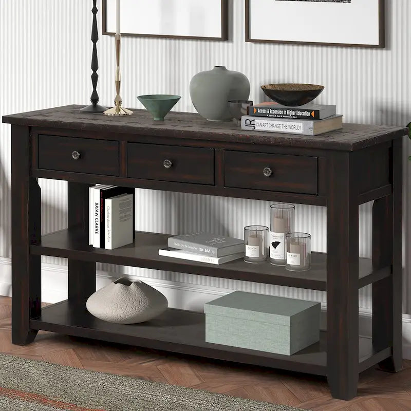 Modern Solid Pine Wood Top Console Table with 3 Drawers and 2 Shelves
