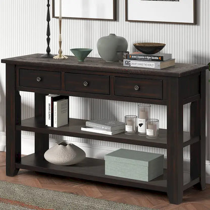 Modern Solid Pine Wood Top Console Table with 3 Drawers and 2 Shelves