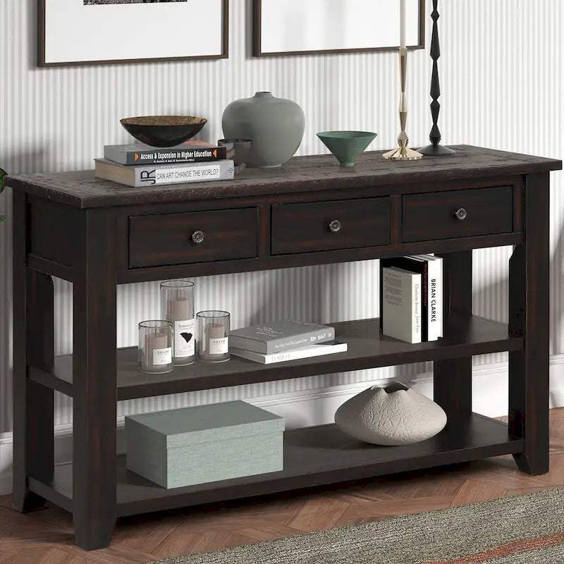 Modern Solid Pine Wood Top Console Table with 3 Drawers and 2 Shelves