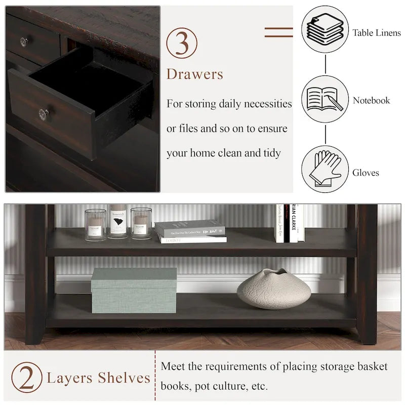 Modern Solid Pine Wood Top Console Table with 3 Drawers and 2 Shelves