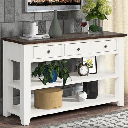 Modern Solid Pine Wood Top Console Table with 3 Drawers and 2 Shelves