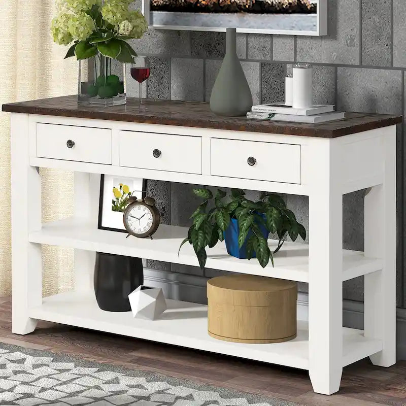 Modern Solid Pine Wood Top Console Table with 3 Drawers and 2 Shelves