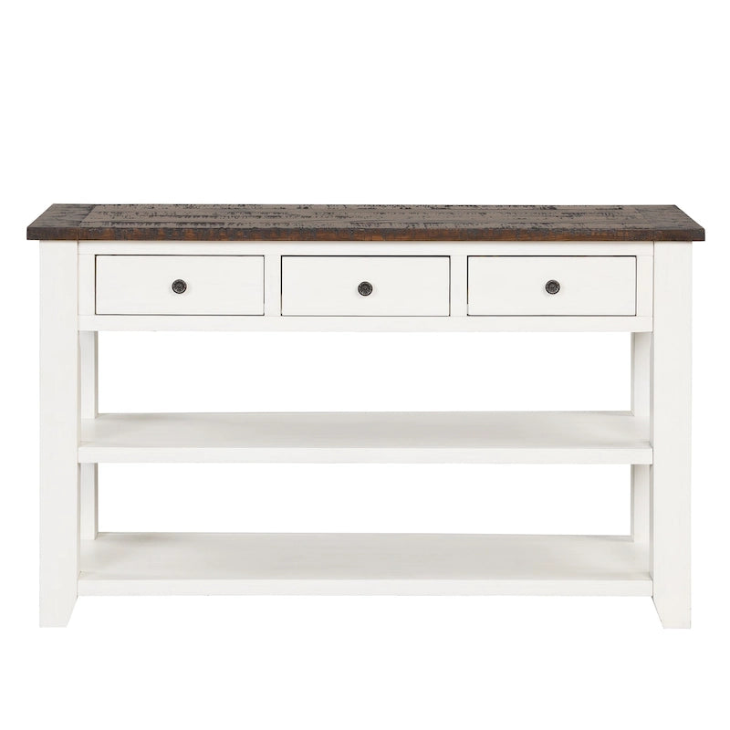 Modern Solid Pine Wood Top Console Table with 3 Drawers and 2 Shelves