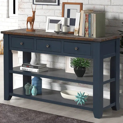 Modern Solid Pine Wood Top Console Table with 3 Drawers and 2 Shelves