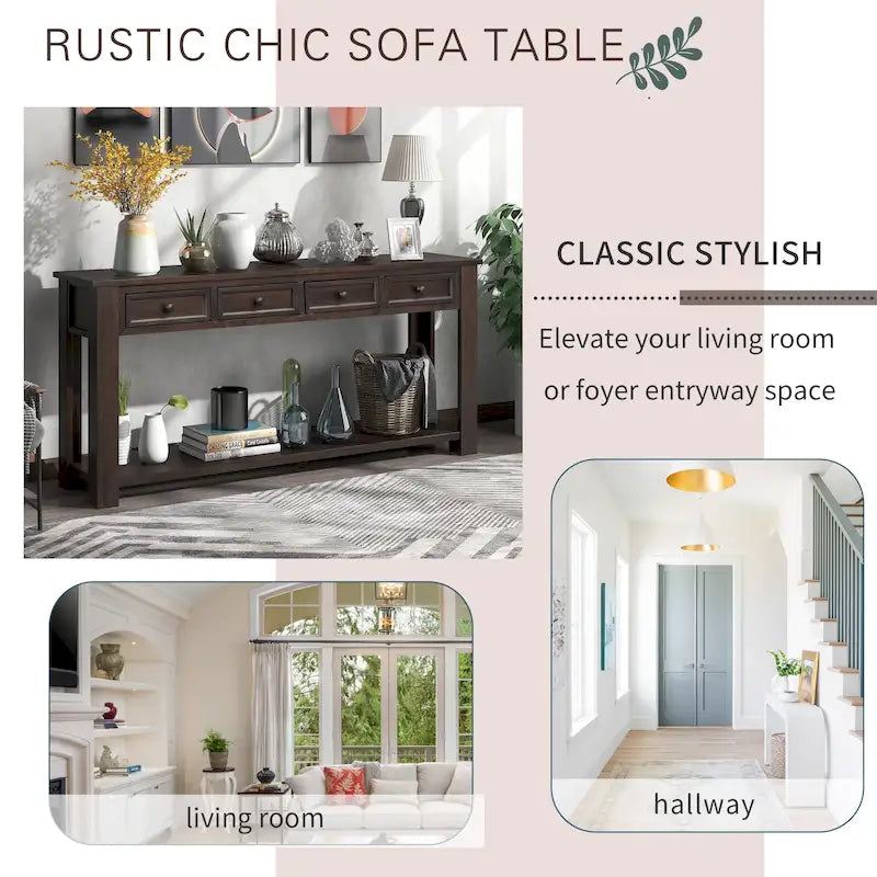 Console Table/Sofa Table with Storage Drawers and Bottom Shelf - 63L x 14W x 30H